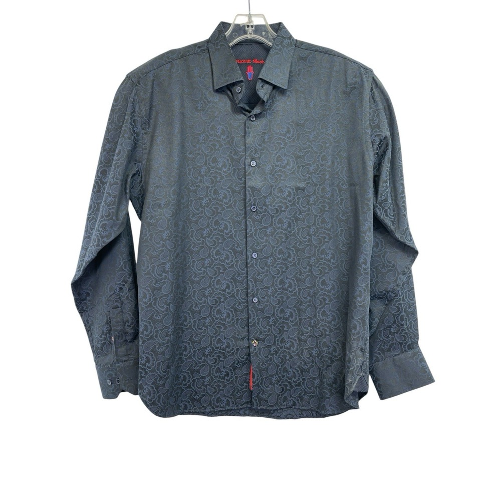 Visconti Black Men Sz Large Blue Paisley Flip Cuff Button Down Shirt (S18) EUC